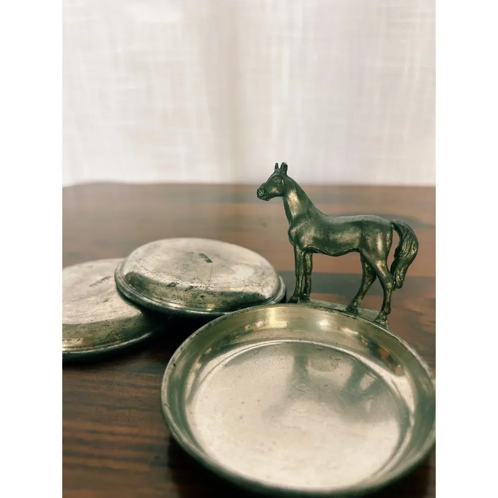 Vintage Genuine Pewter Equestrian Horse 3-Piece Coaster Stack Set